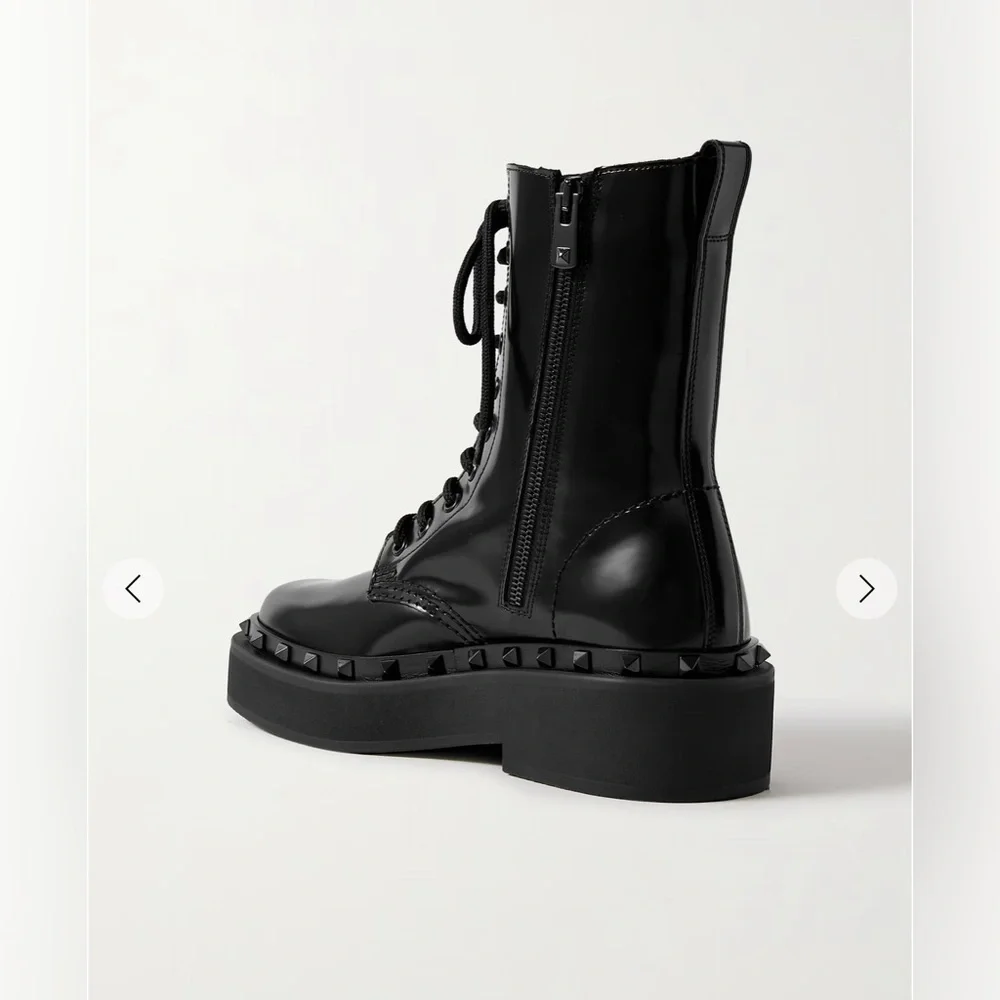 Valentino Garavani - Rockstud embellished glossed-leather ankle combat boots